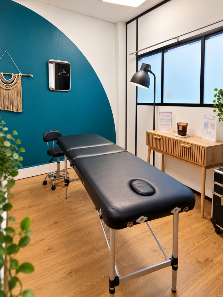 Cabine de soins Regen'HairSkin pour la repousse capillaire et la pratique du protocole RegenX au Haillan, table de soin.